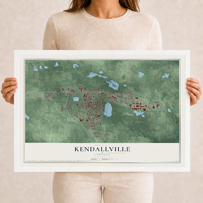 Map of Kendallville, Indiana, 12 x 18 inch print in a white wood frame