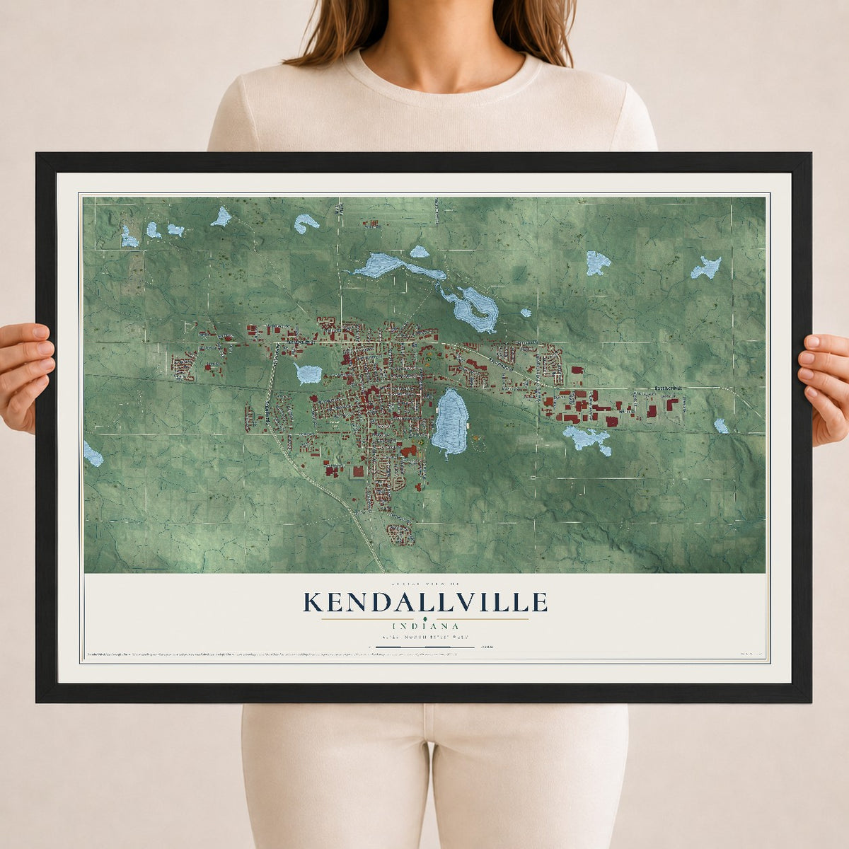 Map of Kendallville, Indiana, 18 x 24 inch print in a black wood frame