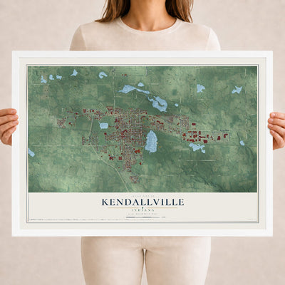 Map of Kendallville, Indiana, 18 x 24 inch print in a white wood frame