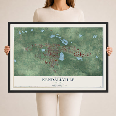 Map of Kendallville, Indiana, 24 x 36 inch print in a black wood frame