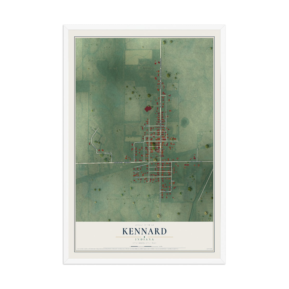 Map of Kennard, Indiana, 12 x 18 inch print in a white wood frame