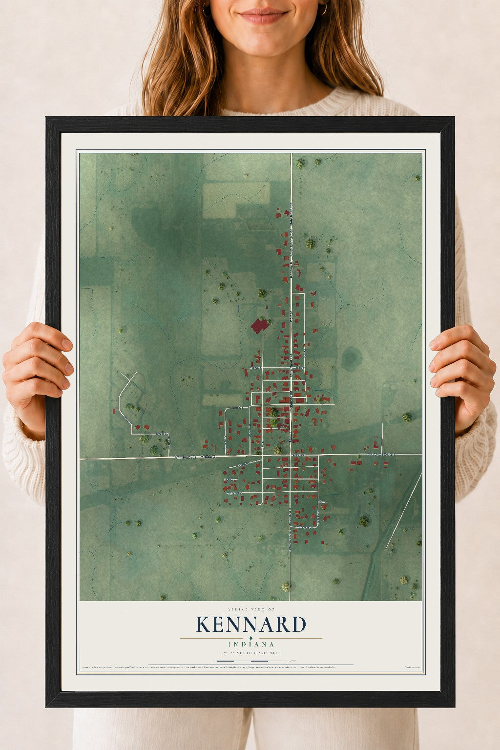 Map of Kennard, Indiana, 18 x 24 inch print in a black wood frame