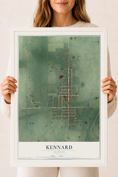 Map of Kennard, Indiana, 18 x 24 inch print in a white wood frame