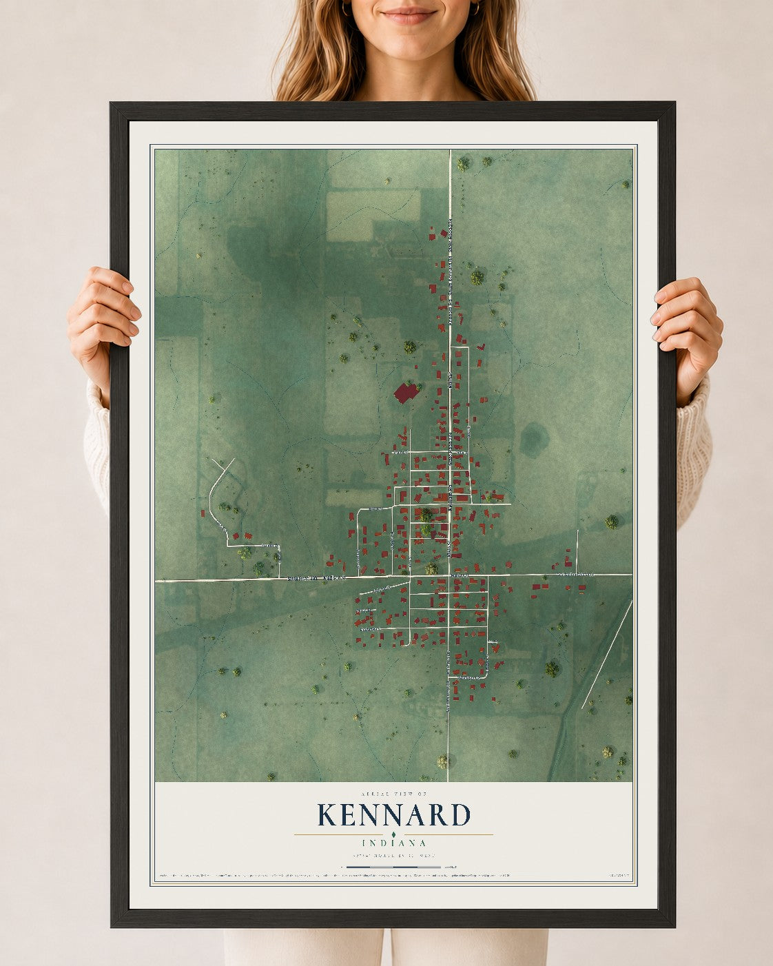 Map of Kennard, Indiana, 24 x 36 inch print in a black wood frame