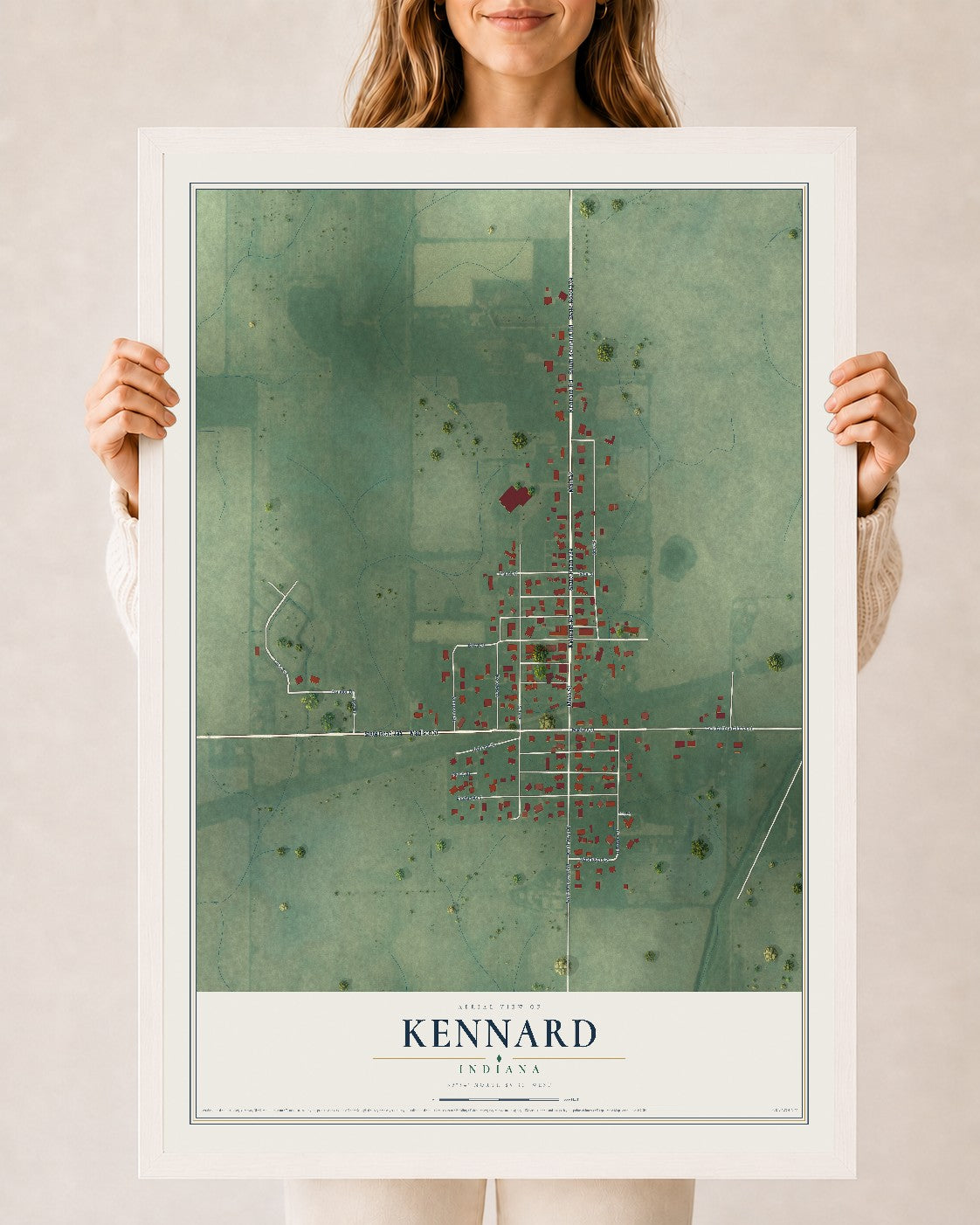 Map of Kennard, Indiana, 24 x 36 inch print in a white wood frame