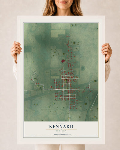 Map of Kennard, Indiana, 24 x 36 inch print in a white wood frame