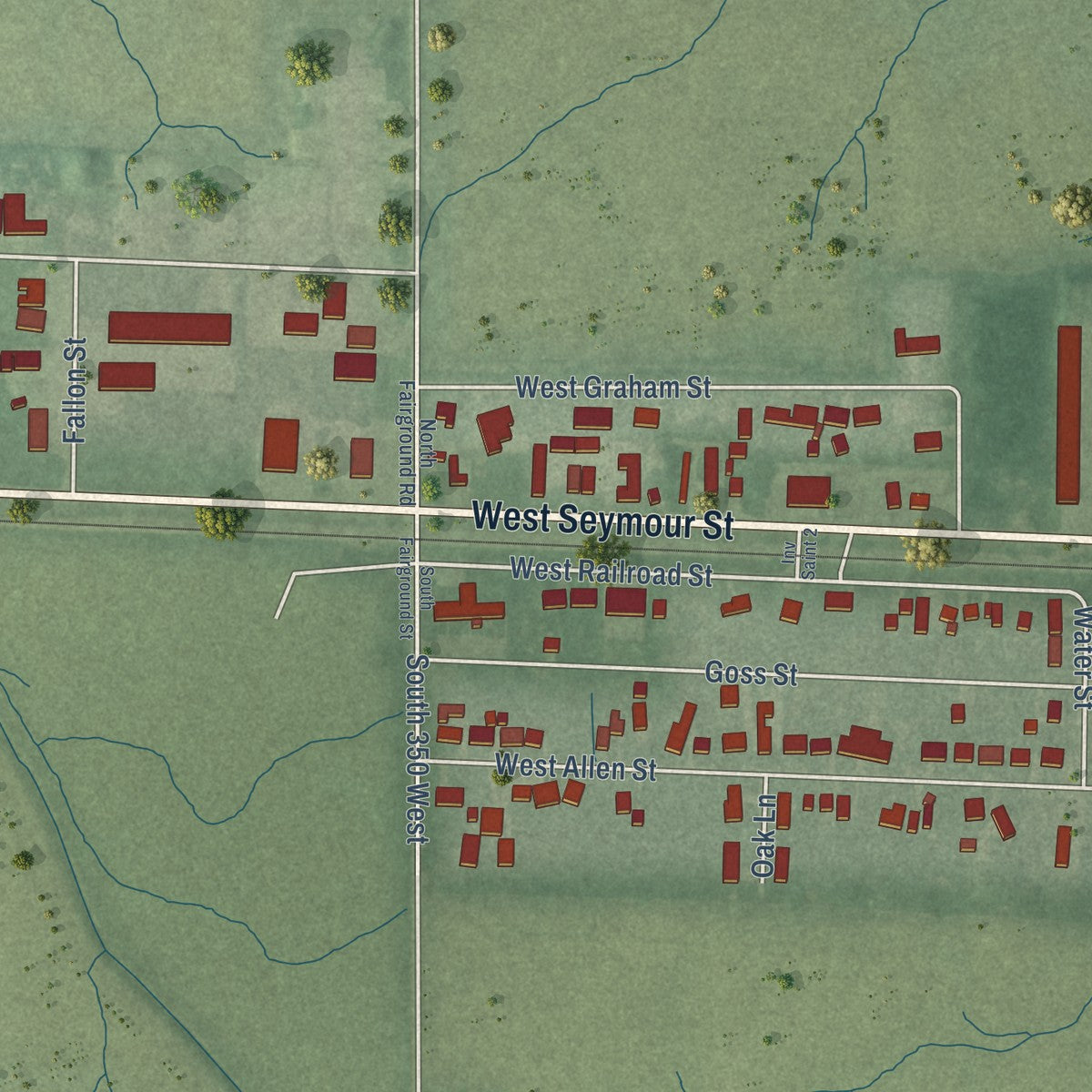 Second close-up of the map of Kentland, Indiana print showing more streets and buildings