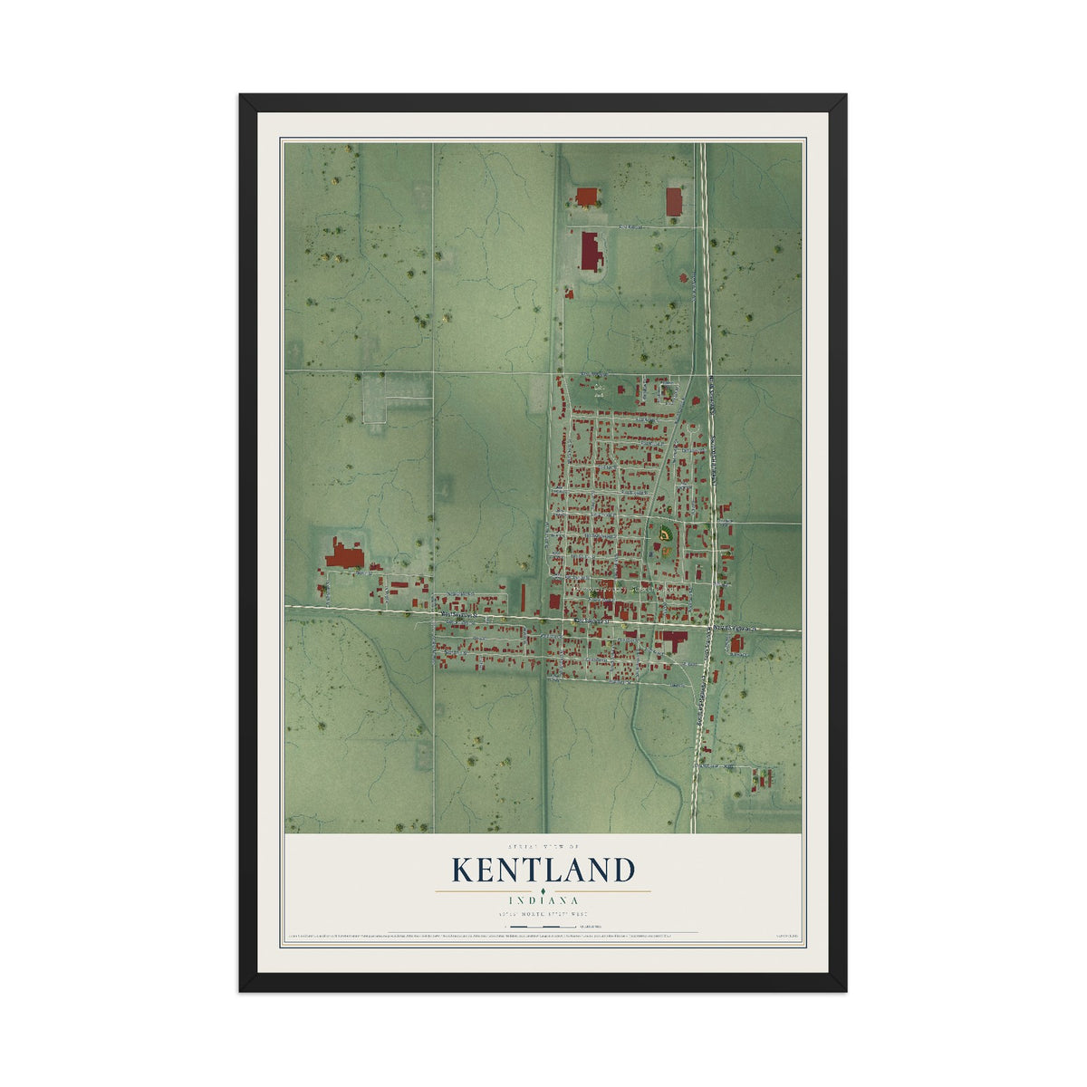 Map of Kentland, Indiana, 12 x 18 inch print in a black wood frame