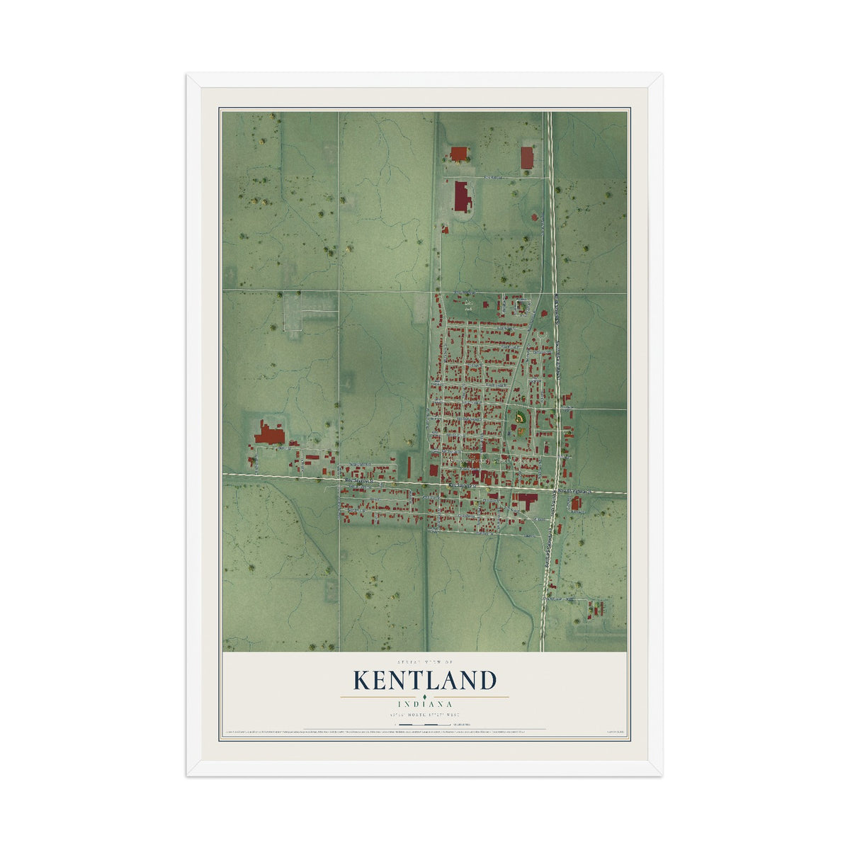 Map of Kentland, Indiana, 12 x 18 inch print in a white wood frame