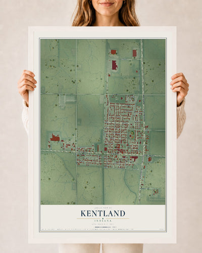 Map of Kentland, Indiana, 24 x 36 inch print in a white wood frame