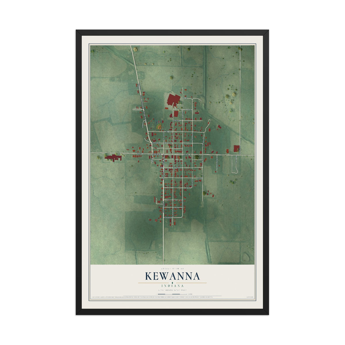 Map of Kewanna, Indiana, 12 x 18 inch print in a black wood frame