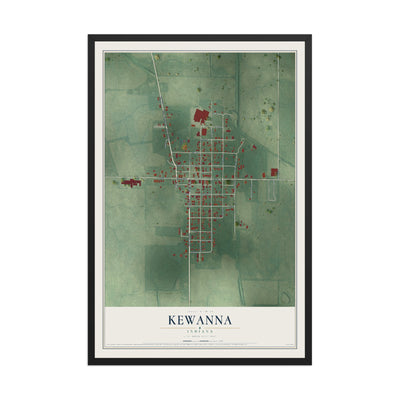 Map of Kewanna, Indiana, 12 x 18 inch print in a black wood frame
