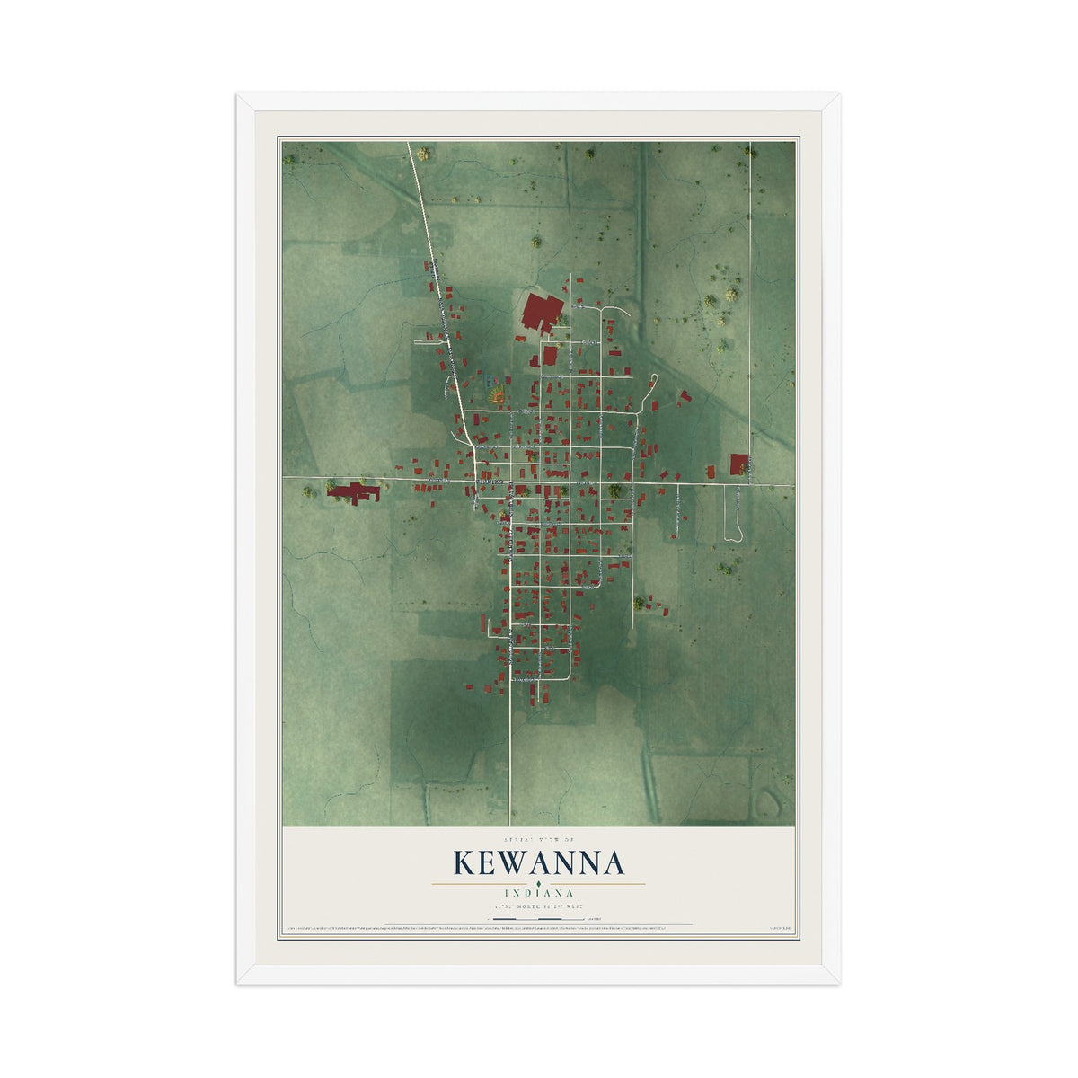 Map of Kewanna, Indiana, 12 x 18 inch print in a white wood frame
