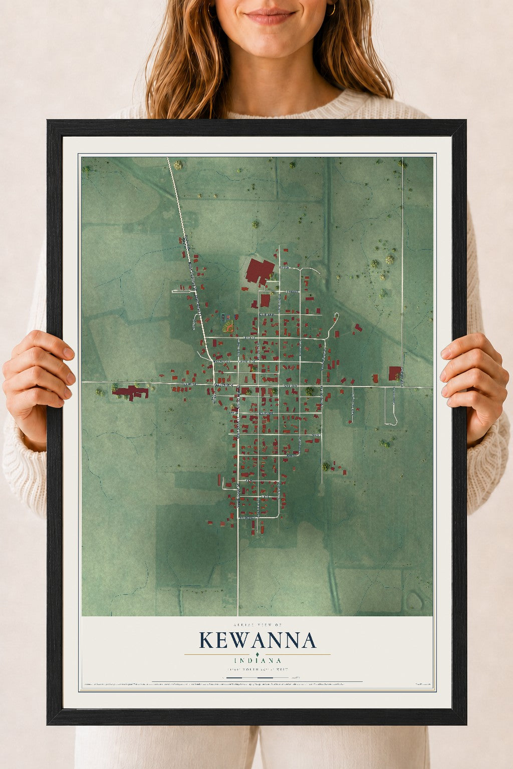 Map of Kewanna, Indiana, 18 x 24 inch print in a black wood frame