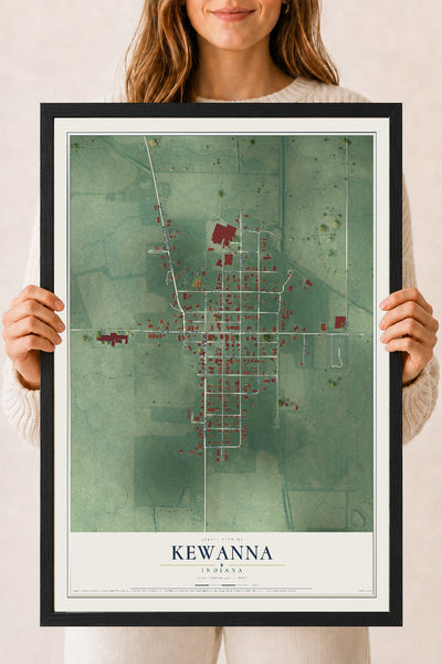 Map of Kewanna, Indiana, 18 x 24 inch print in a black wood frame