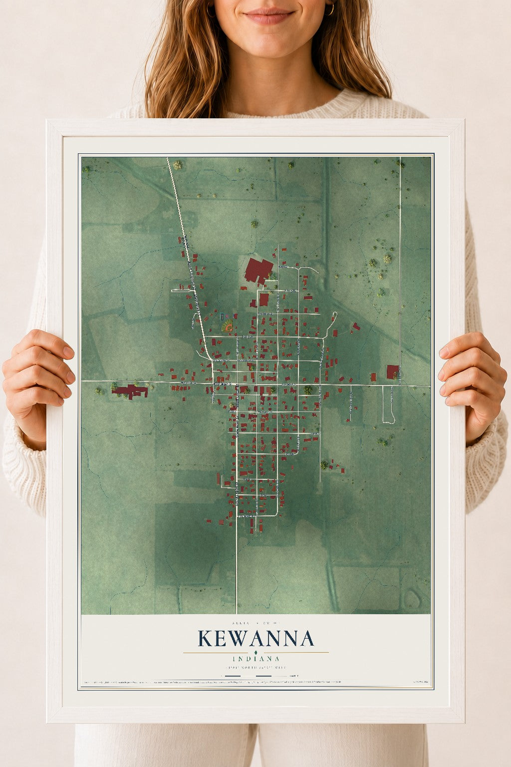 Map of Kewanna, Indiana, 18 x 24 inch print in a white wood frame