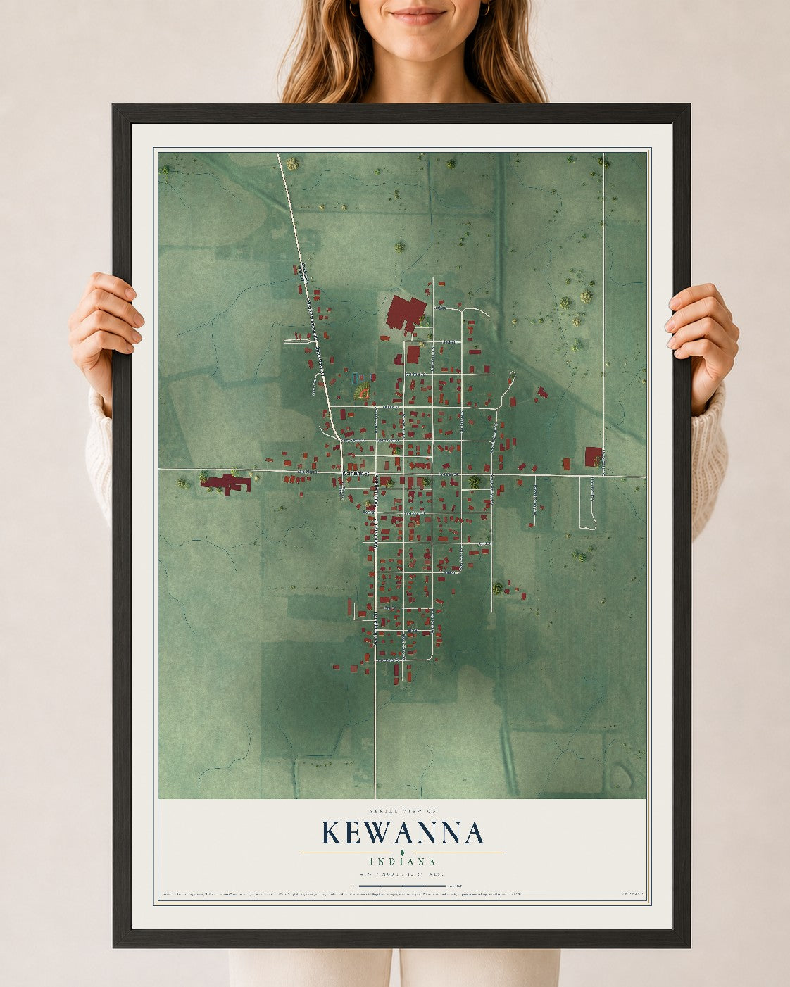 Map of Kewanna, Indiana, 24 x 36 inch print in a black wood frame