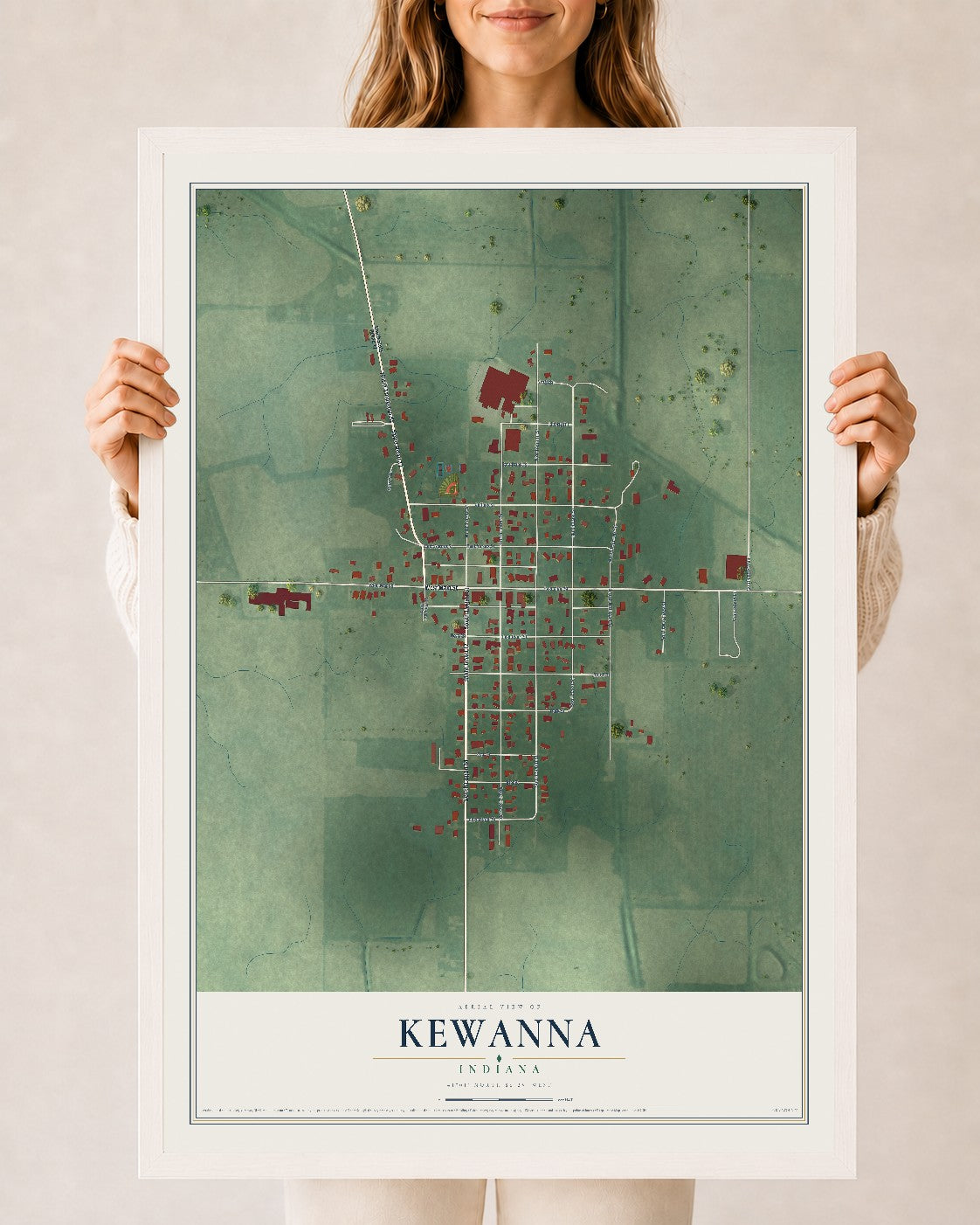 Map of Kewanna, Indiana, 24 x 36 inch print in a white wood frame