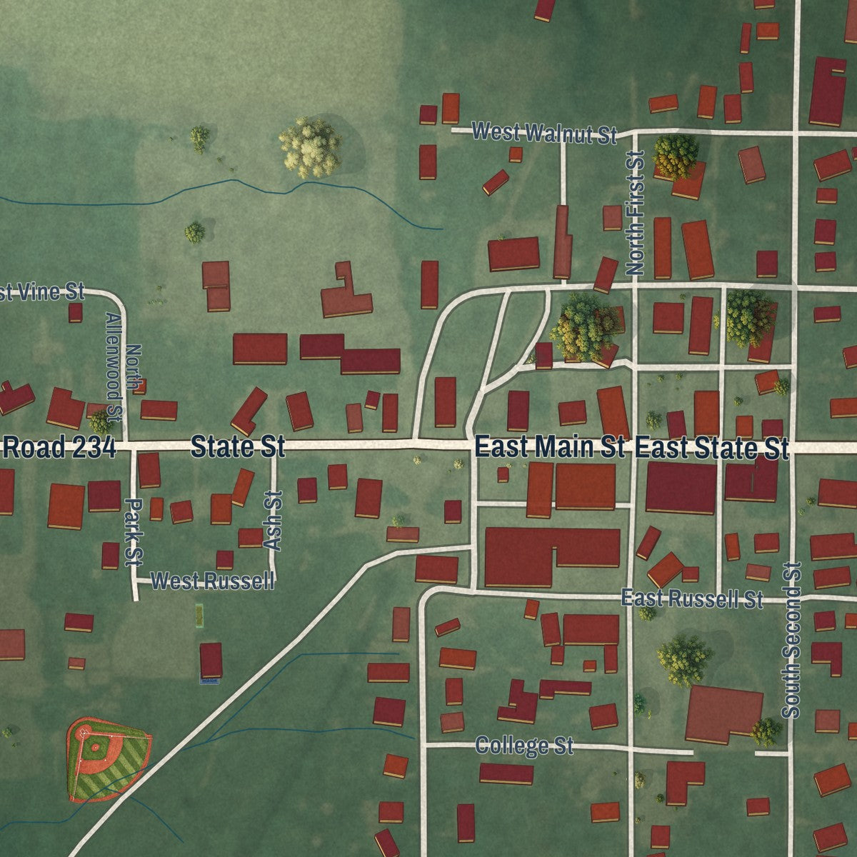 Close-up of the map of Kingman, Indiana print showing street and building detail