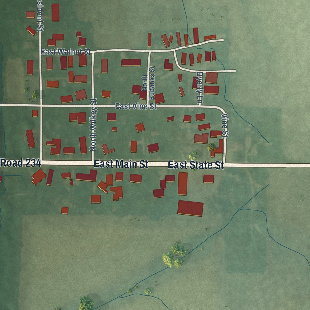 Second close-up of the map of Kingman, Indiana print showing more streets and buildings