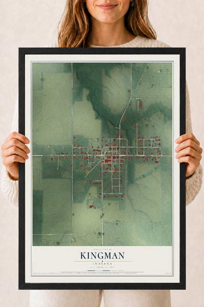 Map of Kingman, Indiana, 18 x 24 inch print in a black wood frame
