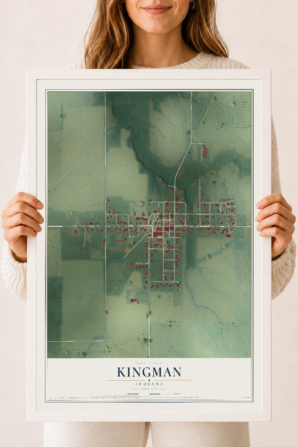 Map of Kingman, Indiana, 18 x 24 inch print in a white wood frame