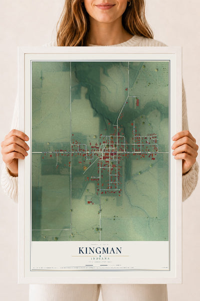 Map of Kingman, Indiana, 18 x 24 inch print in a white wood frame
