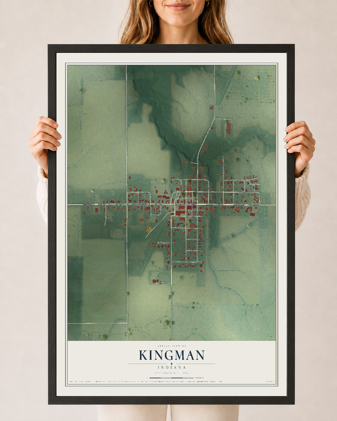 Map of Kingman, Indiana, 24 x 36 inch print in a black wood frame