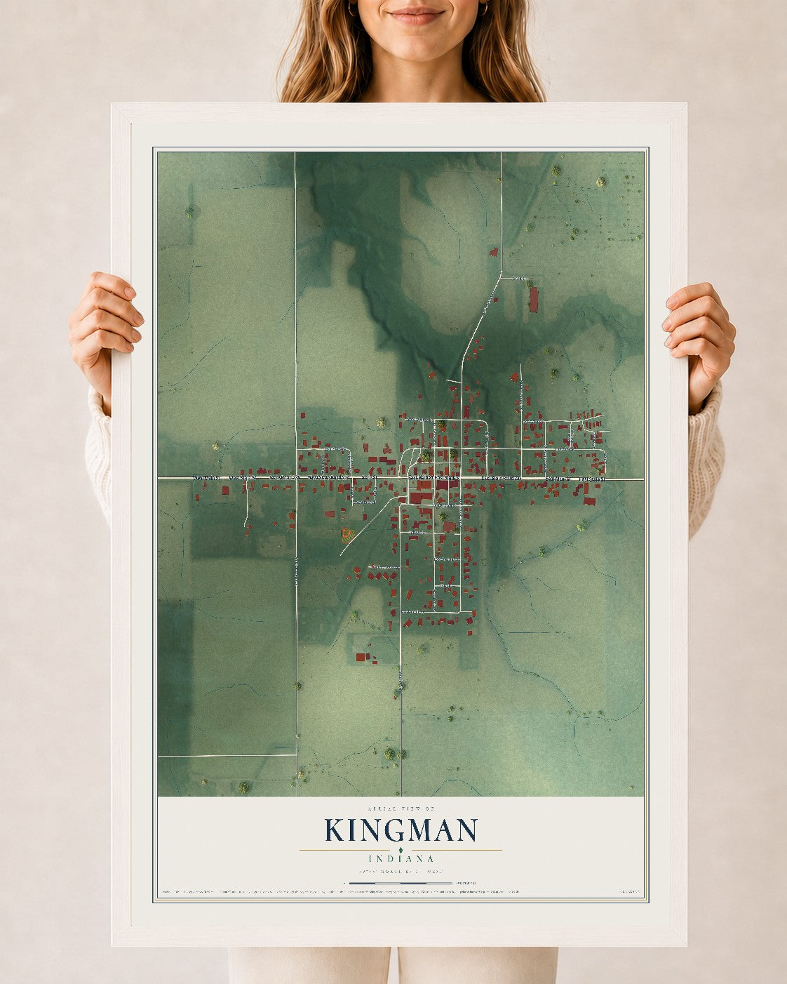 Map of Kingman, Indiana, 24 x 36 inch print in a white wood frame