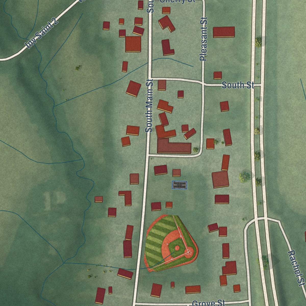 Close-up of the map of Kingsbury, Indiana print showing street and building detail