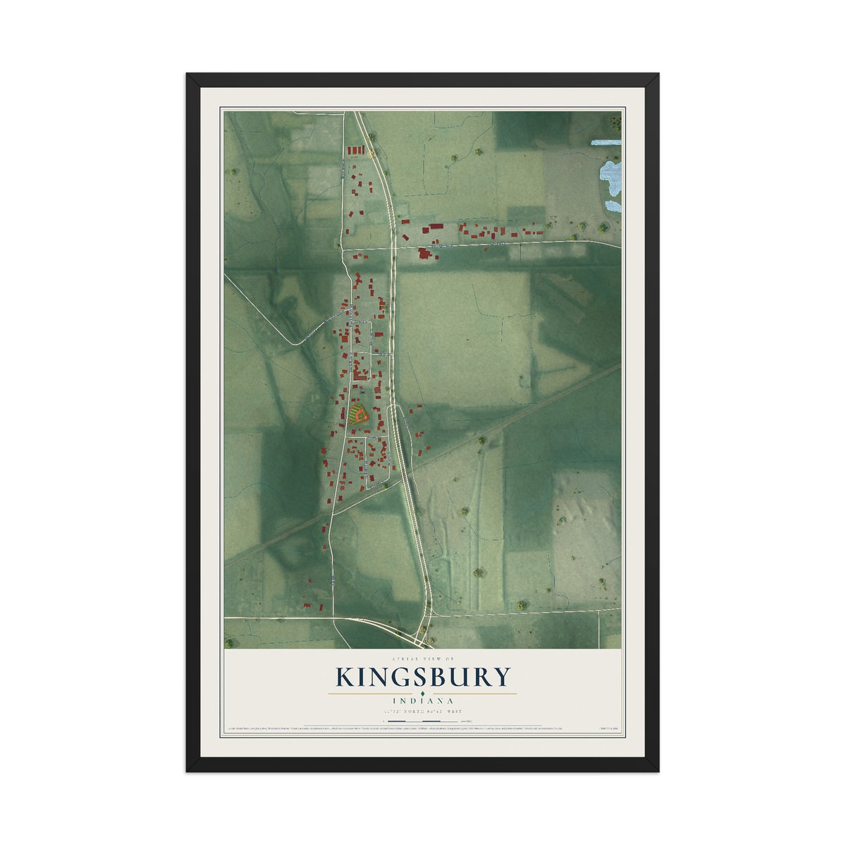 Map of Kingsbury, Indiana, 12 x 18 inch print in a black wood frame
