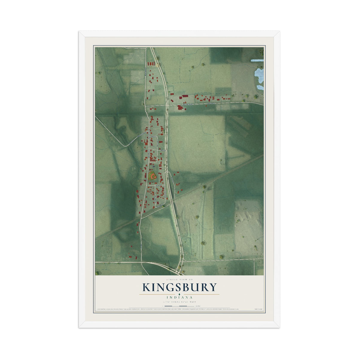 Map of Kingsbury, Indiana, 12 x 18 inch print in a white wood frame