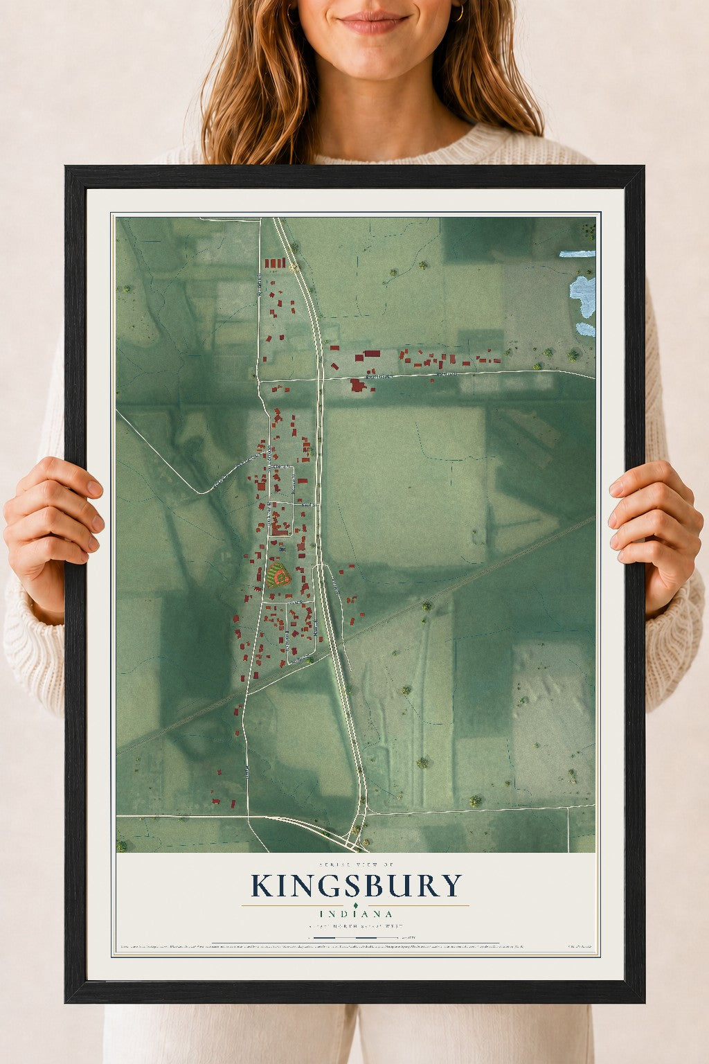 Map of Kingsbury, Indiana, 18 x 24 inch print in a black wood frame