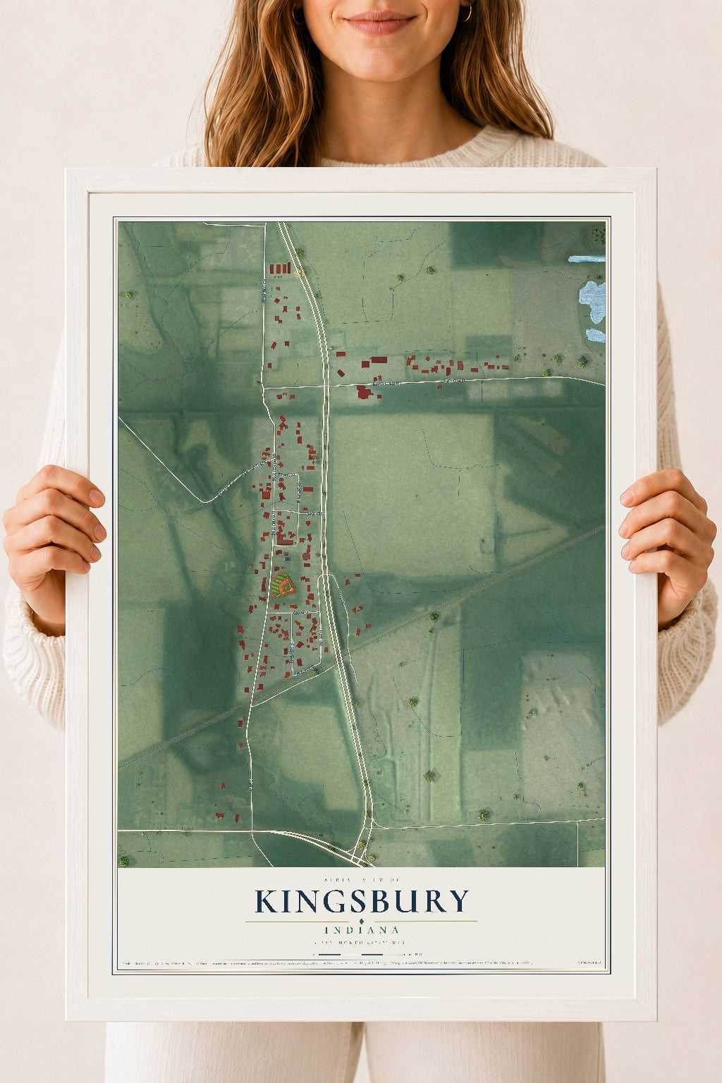Map of Kingsbury, Indiana, 18 x 24 inch print in a white wood frame