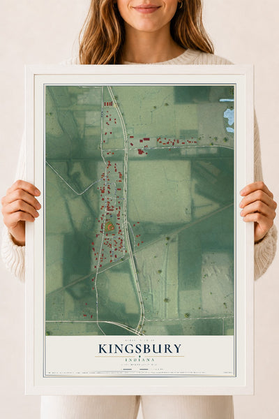 Map of Kingsbury, Indiana, 18 x 24 inch print in a white wood frame