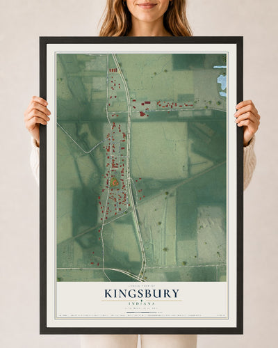 Map of Kingsbury, Indiana, 24 x 36 inch print in a black wood frame