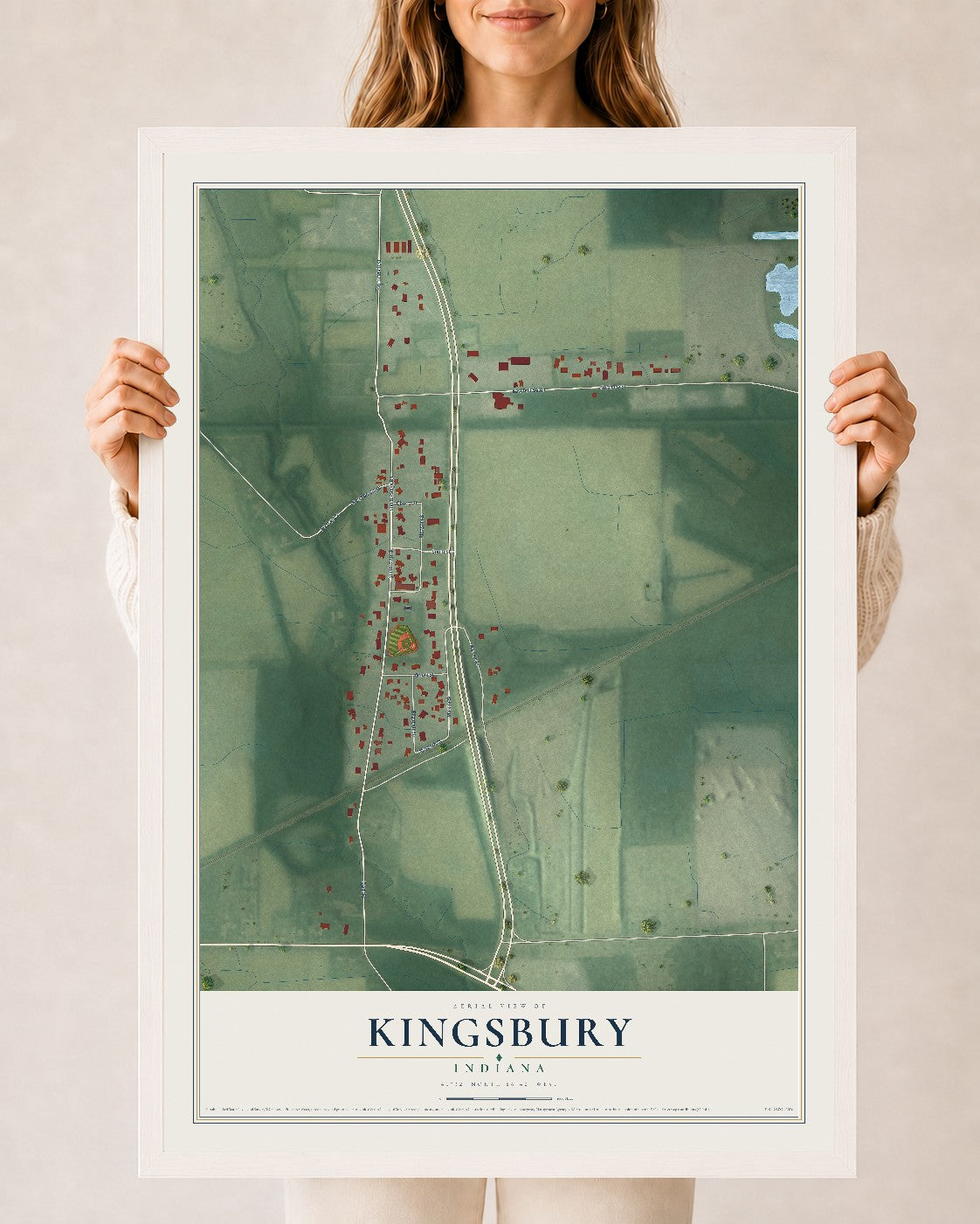 Map of Kingsbury, Indiana, 24 x 36 inch print in a white wood frame
