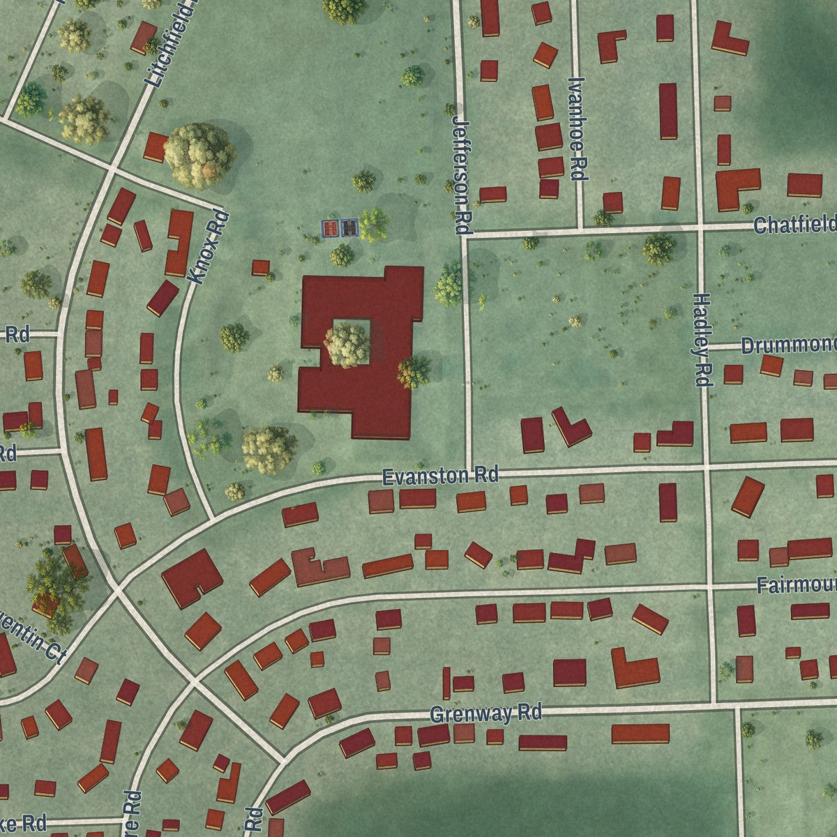 Close-up of the map of Kingsford Heights, Indiana print showing street and building detail
