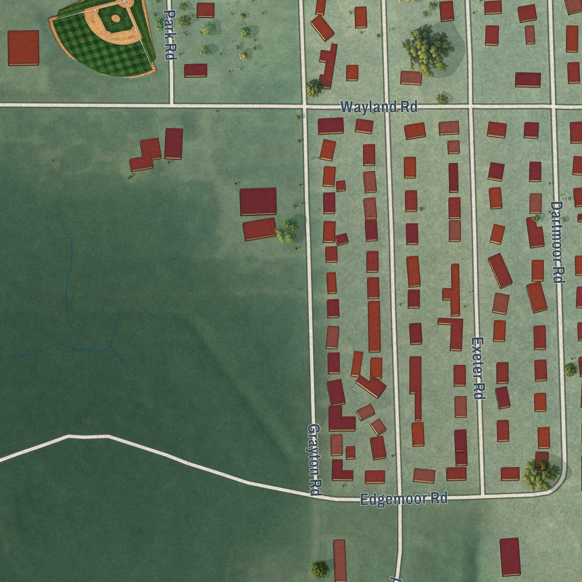 Second close-up of the map of Kingsford Heights, Indiana print showing more streets and buildings