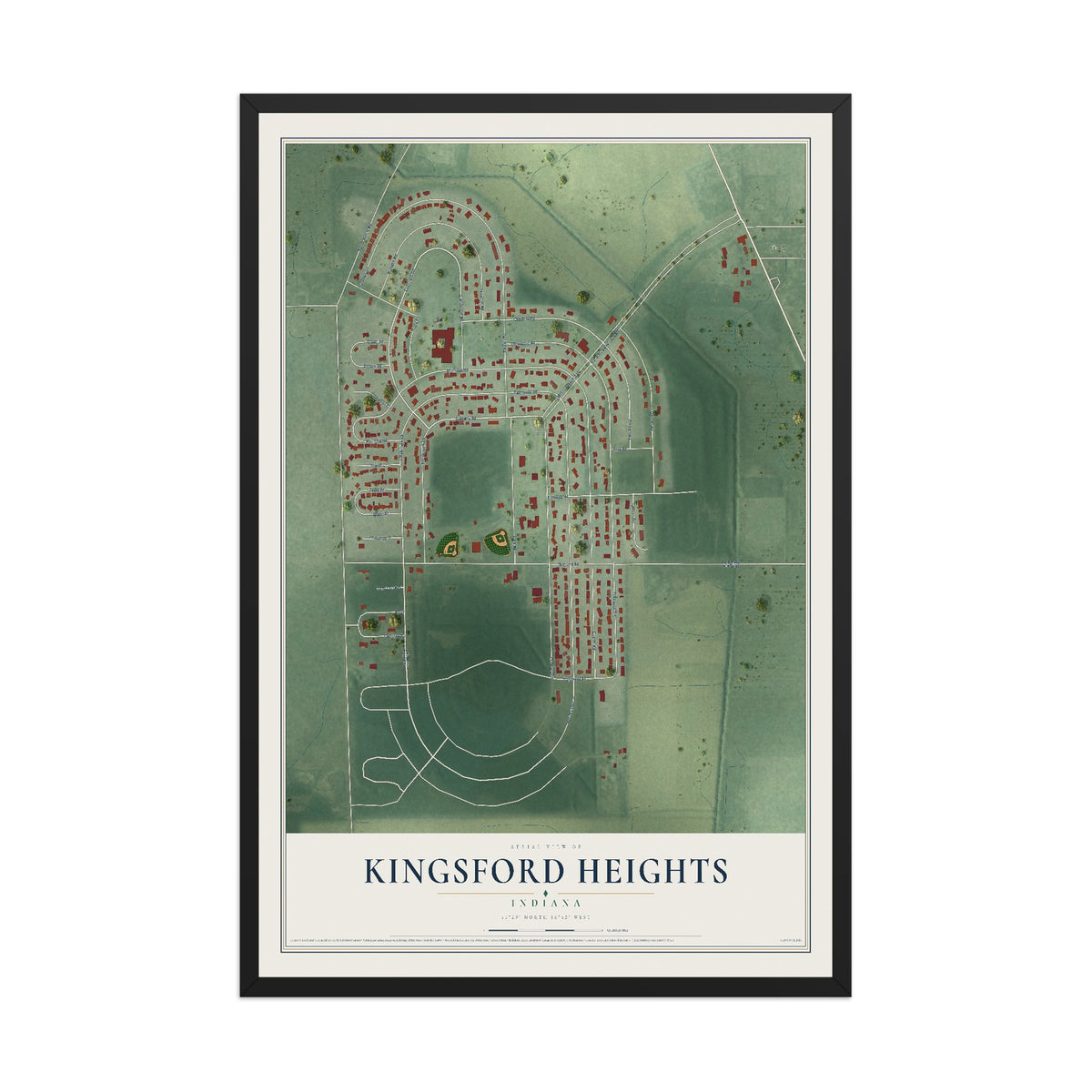 Map of Kingsford Heights, Indiana, 12 x 18 inch print in a black wood frame