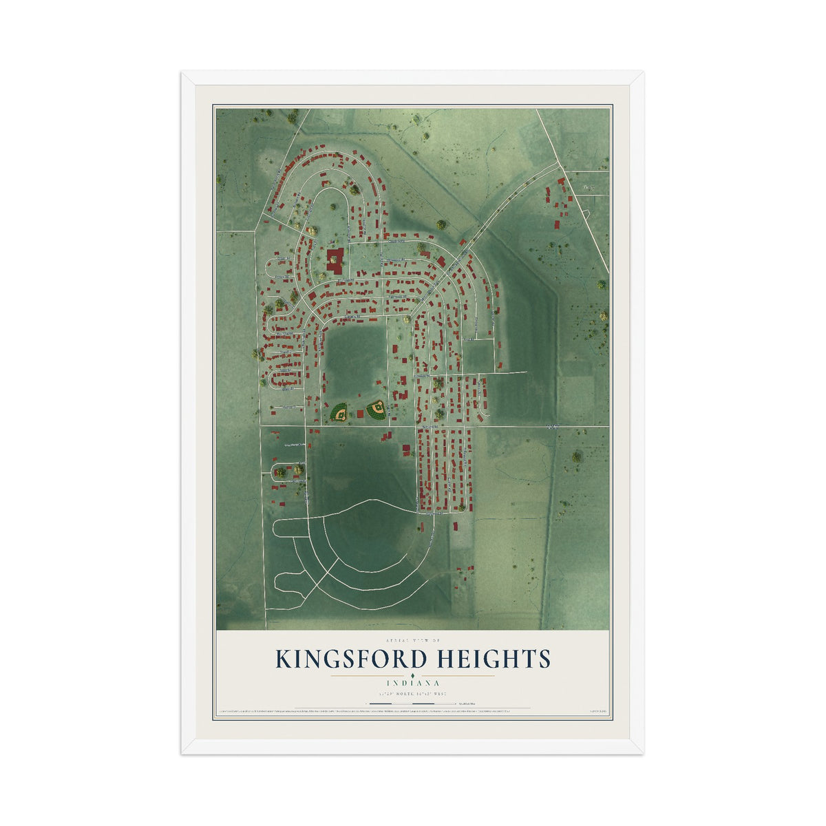 Map of Kingsford Heights, Indiana, 12 x 18 inch print in a white wood frame
