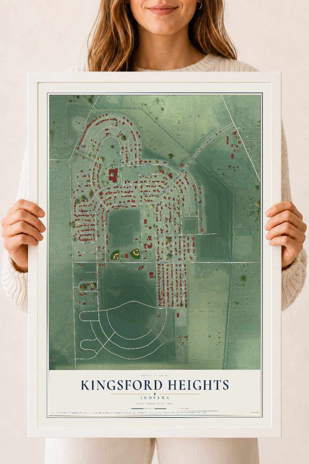 Map of Kingsford Heights, Indiana, 18 x 24 inch print in a white wood frame