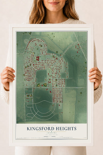 Map of Kingsford Heights, Indiana, 18 x 24 inch print in a white wood frame