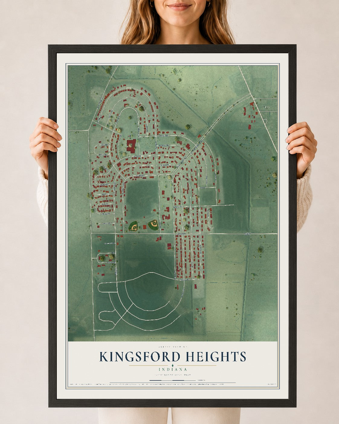 Map of Kingsford Heights, Indiana, 24 x 36 inch print in a black wood frame