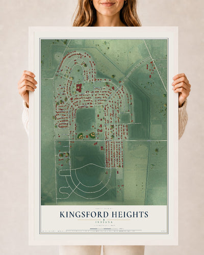 Map of Kingsford Heights, Indiana, 24 x 36 inch print in a white wood frame