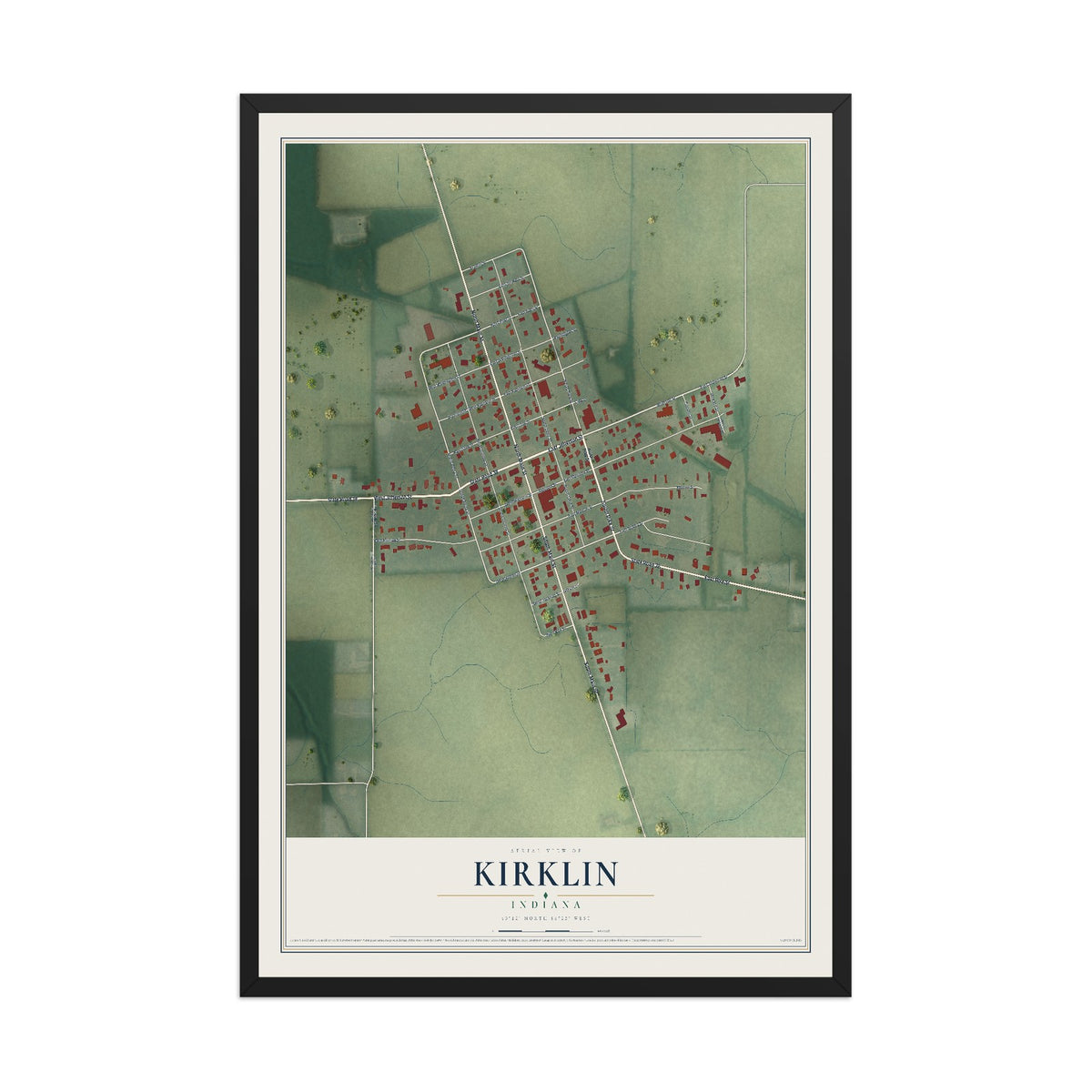 Map of Kirklin, Indiana, 12 x 18 inch print in a black wood frame