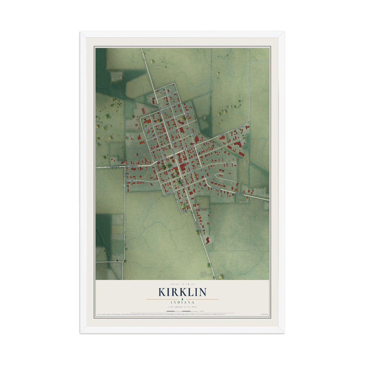 Map of Kirklin, Indiana, 12 x 18 inch print in a white wood frame