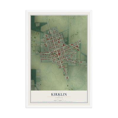 Map of Kirklin, Indiana, 12 x 18 inch print in a white wood frame