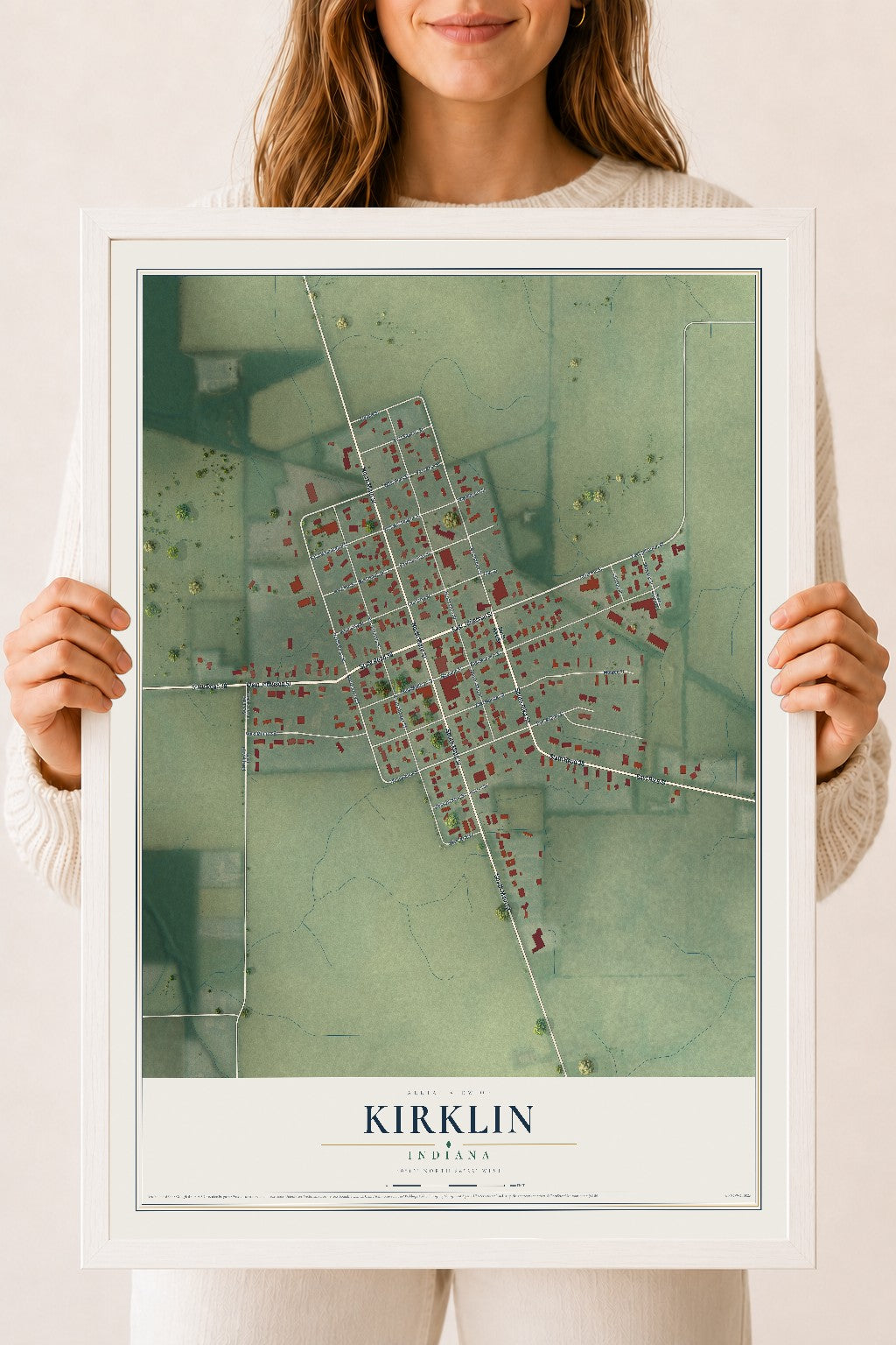Map of Kirklin, Indiana, 18 x 24 inch print in a white wood frame