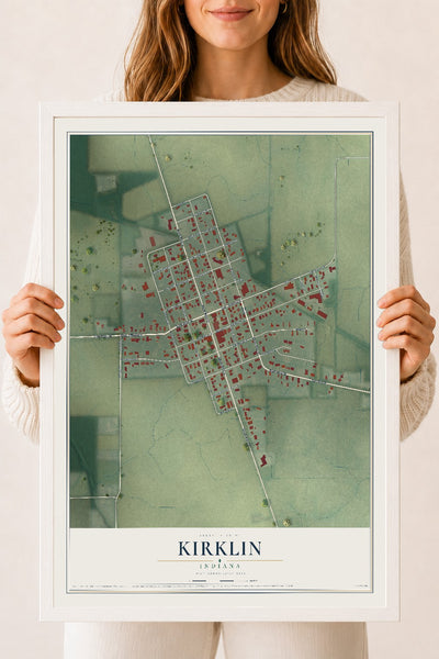 Map of Kirklin, Indiana, 18 x 24 inch print in a white wood frame